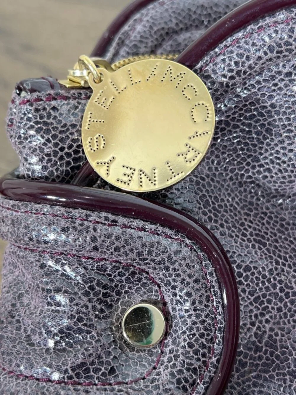STELLA MCCARTNEY Double Handle Distressed Vegan Leather Satchel Glossy Plum OS